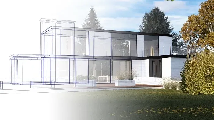 A drawing of a new home’s framing turning into the finished house